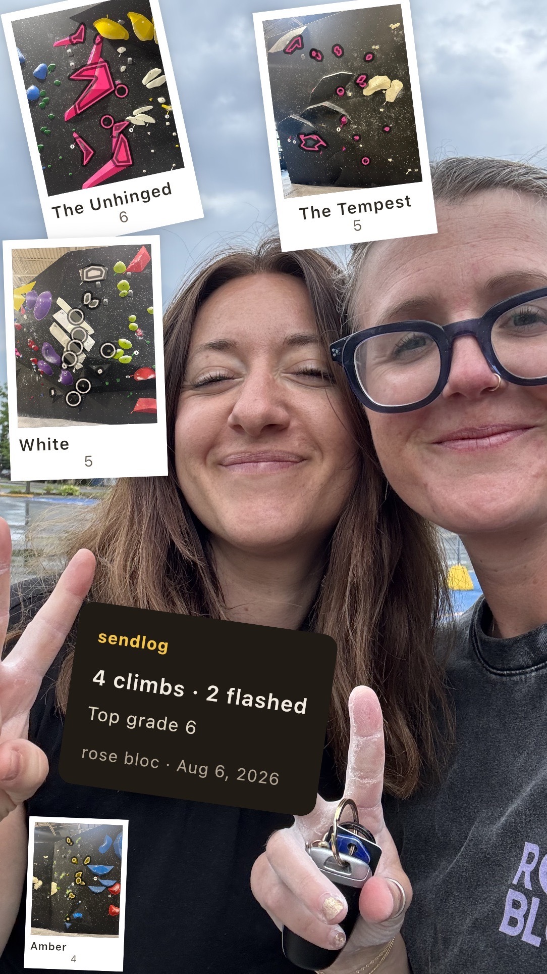 A Sendlog session collage with two friends, four climb stickers, and a session summary.